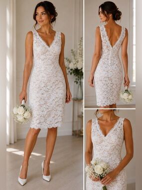 NWT JJ’s House Bridal White Lace Sheath Dress  Wedding Reception Dress Size 6